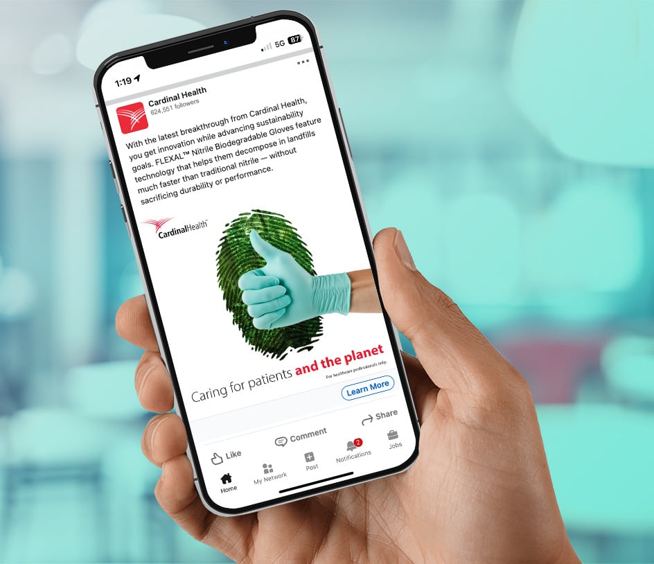 A smart phone showing ad for Cardinal Health FLEXAL nitrile biodegradable gloves