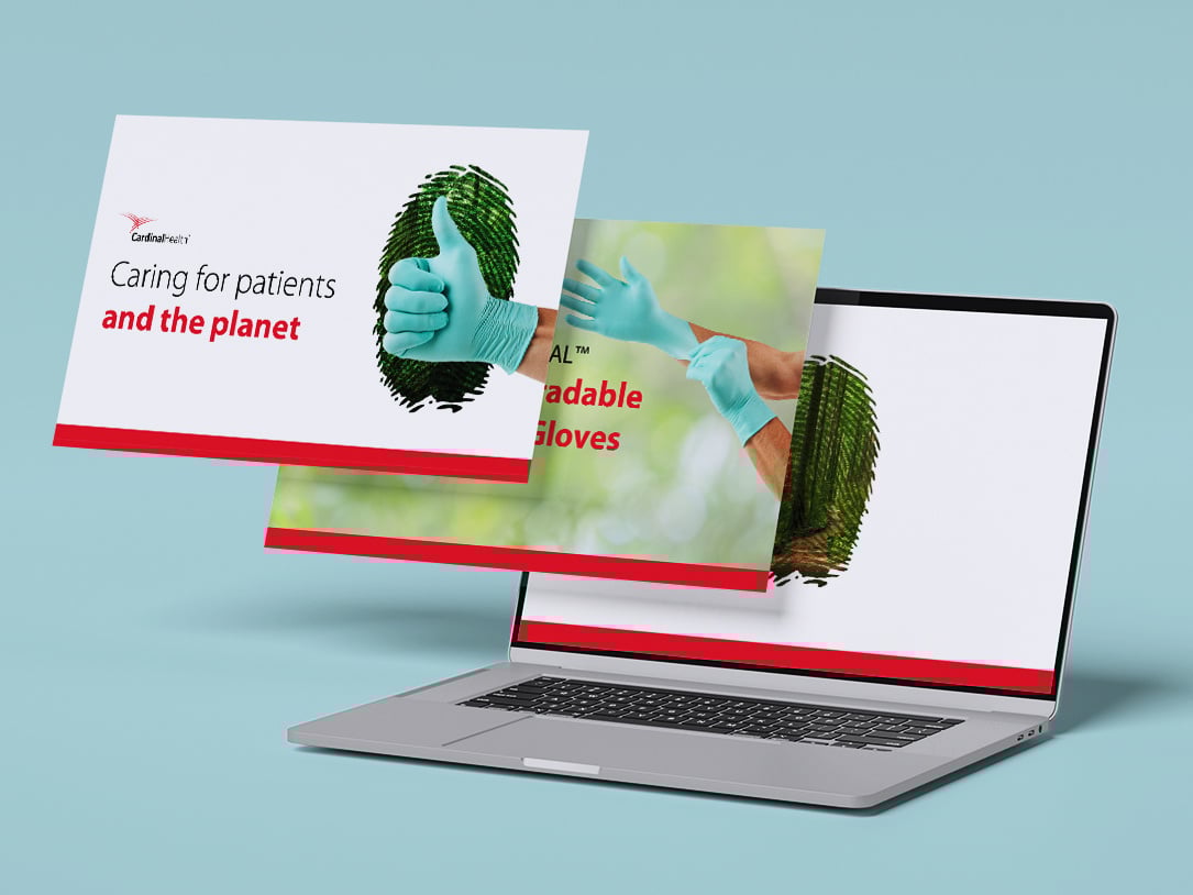 A laptop showing various digital assets for Cardinal Health FLEXAL nitrile biodegradable gloves